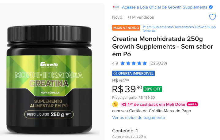 Creatina Monohidratada 250g Growth Supplements - Sem sabor em Pó